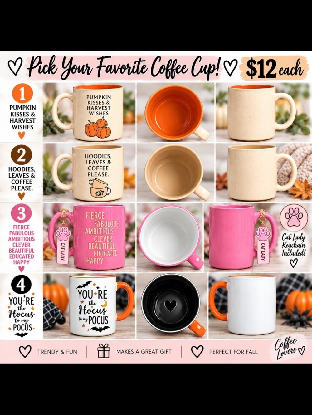 Autumn Ceramic Coffee Mug Collection - Pink, Orange, Cream, White